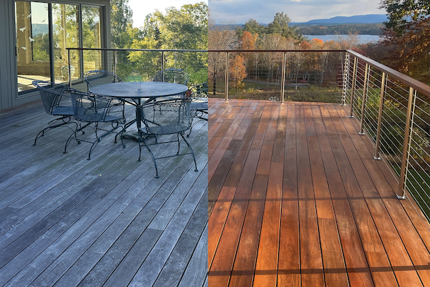 Deck restoration with oil stain overlooking mountains in New Hampshire.