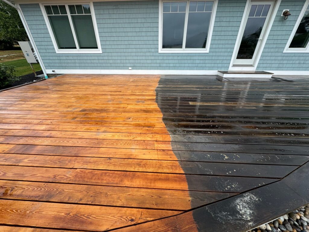 Before and after picture of restoring a cedar deck before it's too late